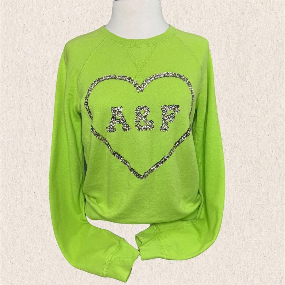 Abercrombie & Fitch Neon Green Sequin Heart Logo Sweatshirt Size Small Y2K Retro